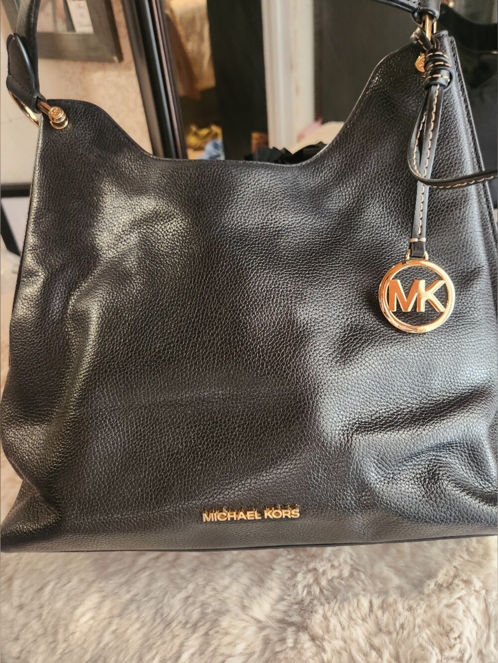 Michael Kors Black Pebbled Leather Hobo with Gold MK Charm